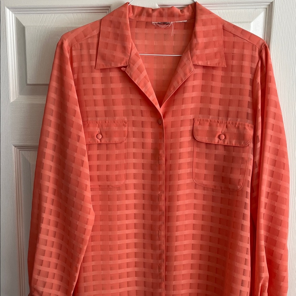 Coral Checkered Button-Up Blouse